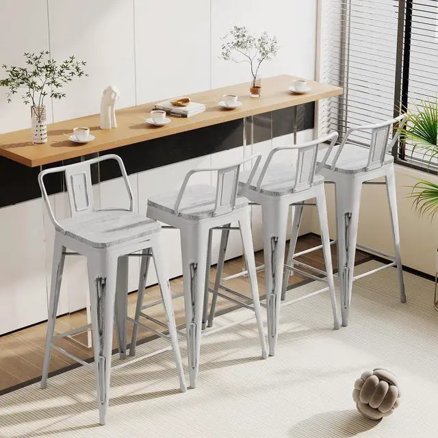 Main image of Alunaune 24" Industrial Metal Bar Stools Set of 4 Counter Height Barstools Kitchen Bar Chairs with Wooden Top-Low Back, Distressed White
