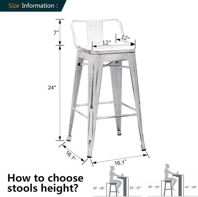 Alt view image 2 of 7 - Alunaune 24" Industrial Metal Bar Stools Set of 4 Counter Height Barstools Kitchen Bar Chairs with Wooden Top-Low Back, Distressed White