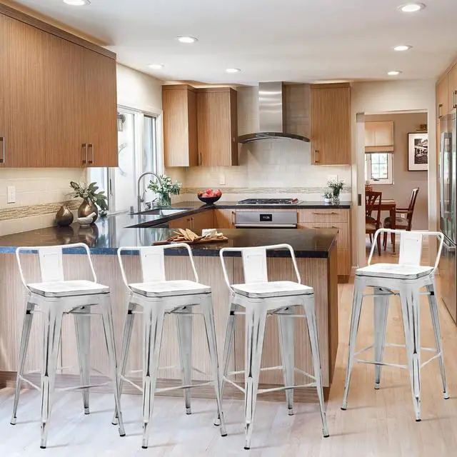Alt view image 3 of 7 - Alunaune 24" Industrial Metal Bar Stools Set of 4 Counter Height Barstools Kitchen Bar Chairs with Wooden Top-Low Back, Distressed White