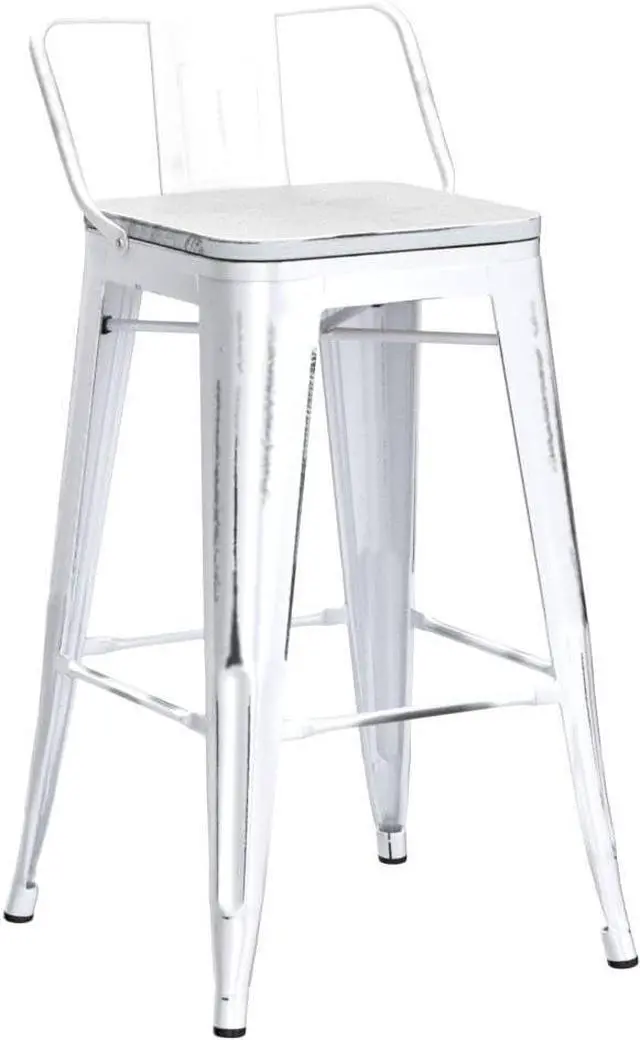 Alt view image 5 of 7 - Alunaune 24" Industrial Metal Bar Stools Set of 4 Counter Height Barstools Kitchen Bar Chairs with Wooden Top-Low Back, Distressed White