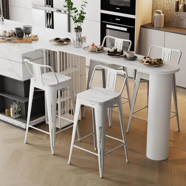 Alt view image 4 of 7 - Alunaune 24" Industrial Metal Bar Stools Set of 4 Counter Height Barstools Kitchen Bar Chairs with Wooden Top-Low Back, Distressed White