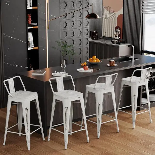 Alt view image 6 of 7 - Alunaune 24" Industrial Metal Bar Stools Set of 4 Counter Height Barstools Kitchen Bar Chairs with Wooden Top-Low Back, Distressed White