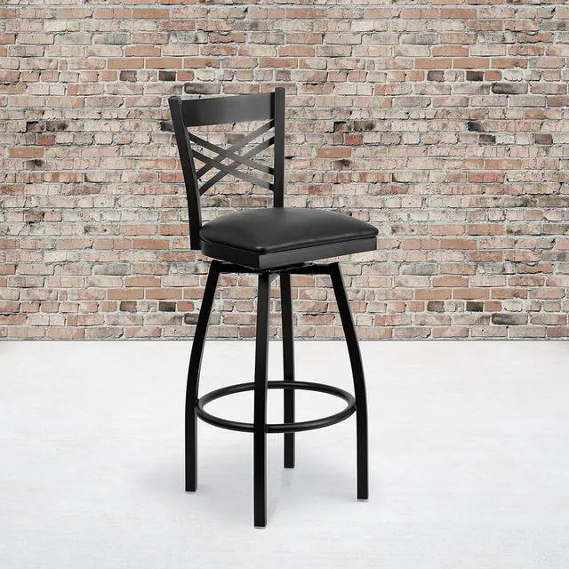 Alt view image 2 of 7 - Flash Furniture Hercules Series "X" Back Metal Restaurant Barstool, Modern Upholstered Armless Bar Height Chair for Restaurants and Kitchens, Black