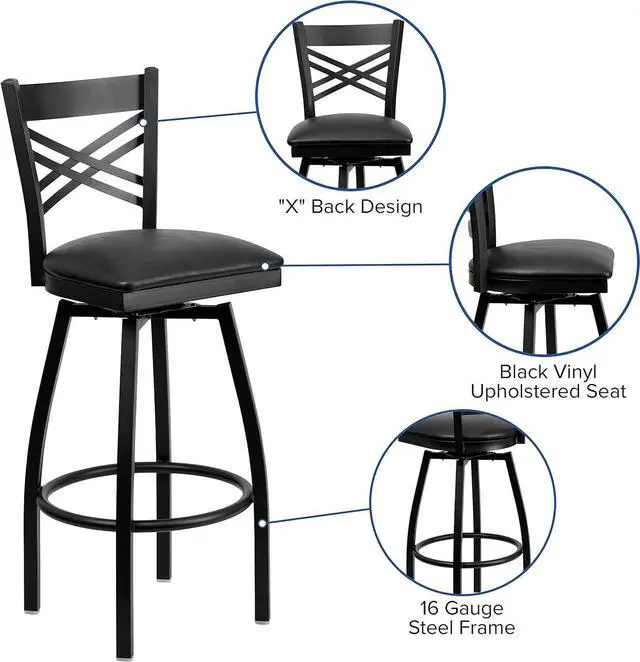 Alt view image 4 of 7 - Flash Furniture Hercules Series "X" Back Metal Restaurant Barstool, Modern Upholstered Armless Bar Height Chair for Restaurants and Kitchens, Black