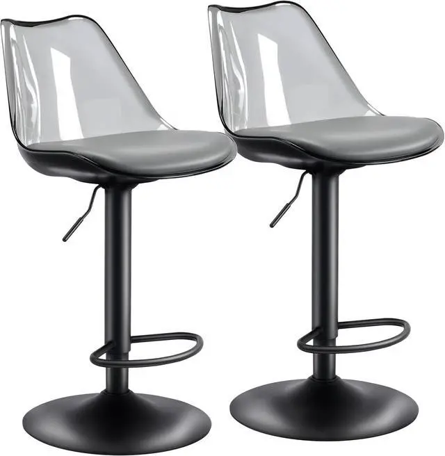 Main image of Modern Swivel Bar Stools Set of 2, Faux Leather Upholstered Counter Height Stools with Clear Acrylic Backrest, Adjustable Bar Stools for Kitchen Island (Gray-2, Set of 2)