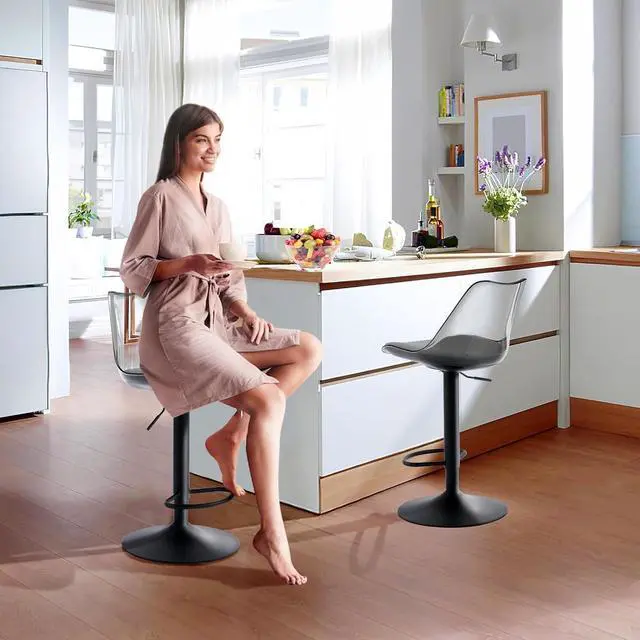 Alt view image 2 of 7 - Modern Swivel Bar Stools Set of 2, Faux Leather Upholstered Counter Height Stools with Clear Acrylic Backrest, Adjustable Bar Stools for Kitchen Island (Gray-2, Set of 2)