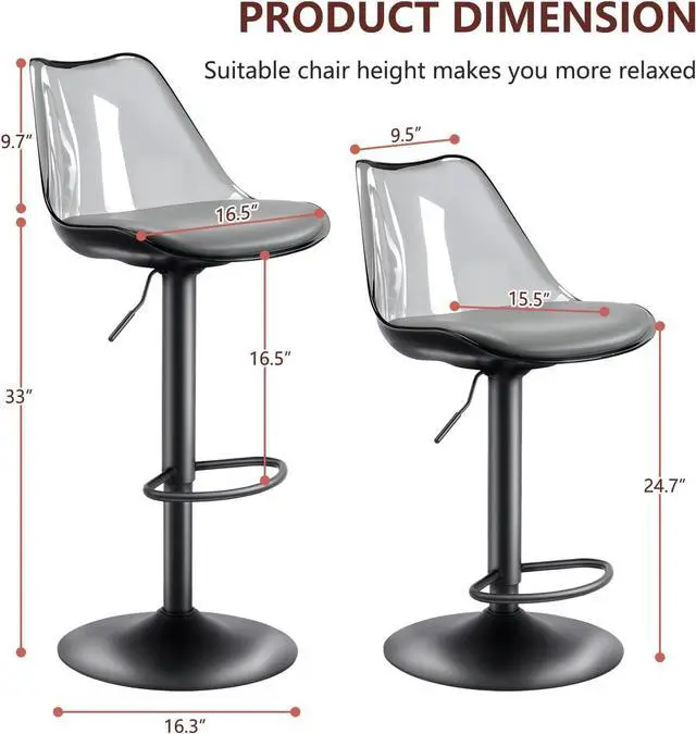 Alt view image 3 of 7 - Modern Swivel Bar Stools Set of 2, Faux Leather Upholstered Counter Height Stools with Clear Acrylic Backrest, Adjustable Bar Stools for Kitchen Island (Gray-2, Set of 2)