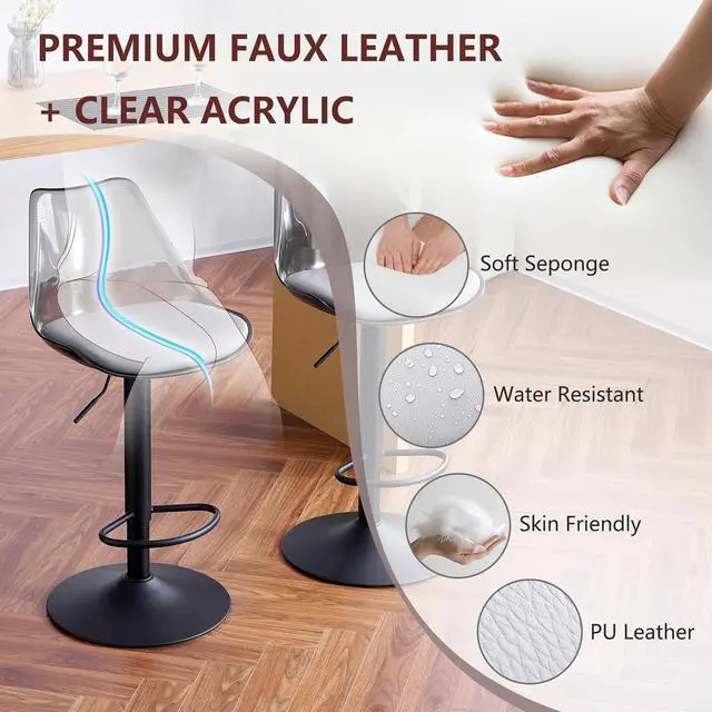 Alt view image 4 of 7 - Modern Swivel Bar Stools Set of 2, Faux Leather Upholstered Counter Height Stools with Clear Acrylic Backrest, Adjustable Bar Stools for Kitchen Island (Gray-2, Set of 2)