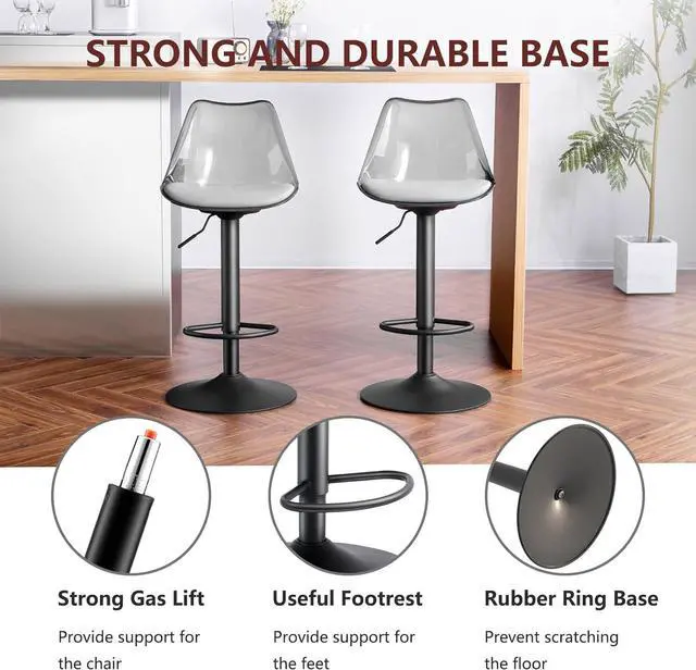 Alt view image 5 of 7 - Modern Swivel Bar Stools Set of 2, Faux Leather Upholstered Counter Height Stools with Clear Acrylic Backrest, Adjustable Bar Stools for Kitchen Island (Gray-2, Set of 2)