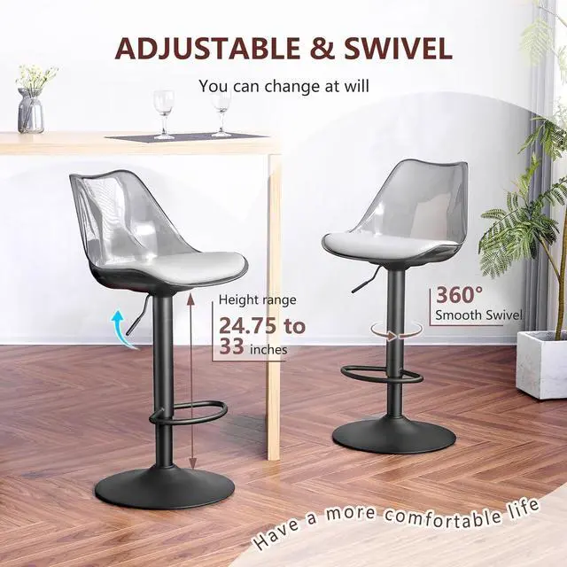 Alt view image 6 of 7 - Modern Swivel Bar Stools Set of 2, Faux Leather Upholstered Counter Height Stools with Clear Acrylic Backrest, Adjustable Bar Stools for Kitchen Island (Gray-2, Set of 2)