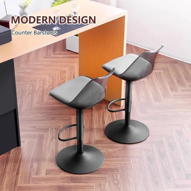 Alt view image 7 of 7 - Modern Swivel Bar Stools Set of 2, Faux Leather Upholstered Counter Height Stools with Clear Acrylic Backrest, Adjustable Bar Stools for Kitchen Island (Gray-2, Set of 2)