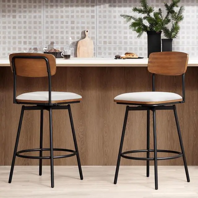 Alt view image 2 of 6 - CHITA Swivel Counter Height Bar Stools with Back, Fabric Upholstered Barstools Set of 2, 27" Seat Height, Metal & Wood Frame, Cream