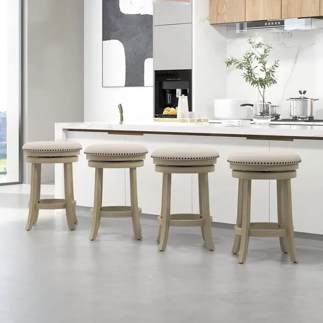 Alt view image 2 of 7 - COSTWAY 360° Swivel Bar Stools Set of 4, 26.5-inch Height Upholstered Round Barstools with Wooden Frame, Seat and Footrest, Backless Solid Wood Counter Stools for Kitchen Island Bistro Pub, Beige