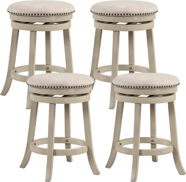 Main image of COSTWAY 360° Swivel Bar Stools Set of 4, 26.5-inch Height Upholstered Round Barstools with Wooden Frame, Seat and Footrest, Backless Solid Wood Counter Stools for Kitchen Island Bistro Pub, Beige