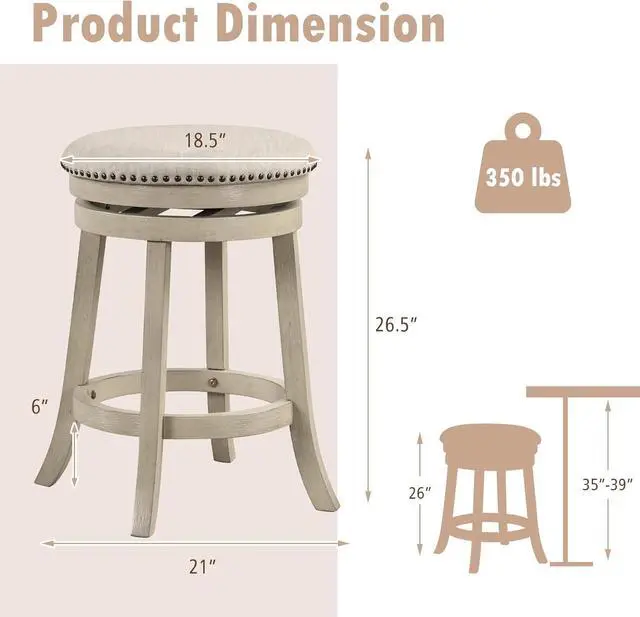 Alt view image 3 of 7 - COSTWAY 360° Swivel Bar Stools Set of 4, 26.5-inch Height Upholstered Round Barstools with Wooden Frame, Seat and Footrest, Backless Solid Wood Counter Stools for Kitchen Island Bistro Pub, Beige