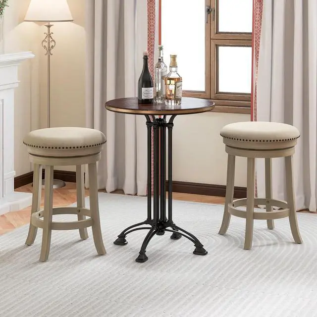 Alt view image 4 of 7 - COSTWAY 360° Swivel Bar Stools Set of 4, 26.5-inch Height Upholstered Round Barstools with Wooden Frame, Seat and Footrest, Backless Solid Wood Counter Stools for Kitchen Island Bistro Pub, Beige