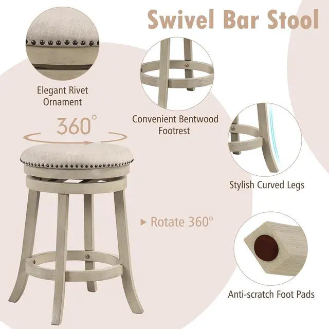 Alt view image 5 of 7 - COSTWAY 360° Swivel Bar Stools Set of 4, 26.5-inch Height Upholstered Round Barstools with Wooden Frame, Seat and Footrest, Backless Solid Wood Counter Stools for Kitchen Island Bistro Pub, Beige
