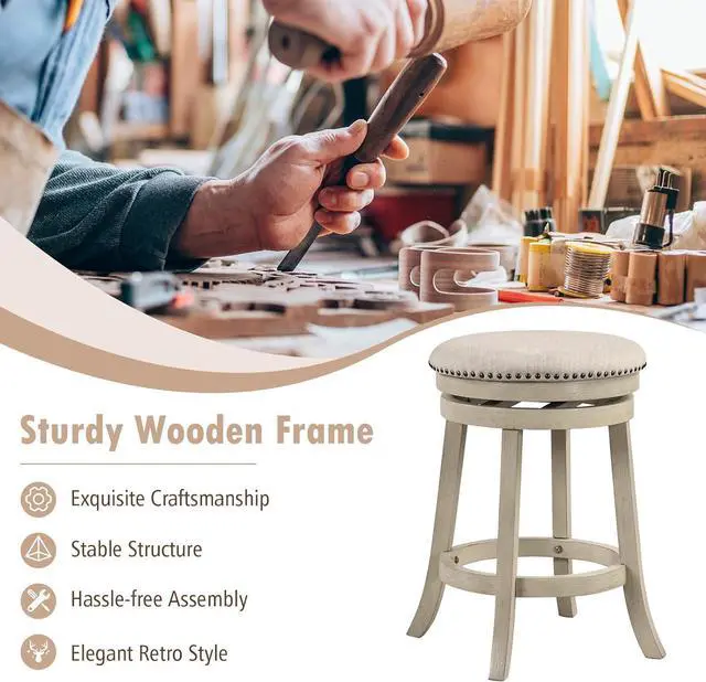 Alt view image 6 of 7 - COSTWAY 360° Swivel Bar Stools Set of 4, 26.5-inch Height Upholstered Round Barstools with Wooden Frame, Seat and Footrest, Backless Solid Wood Counter Stools for Kitchen Island Bistro Pub, Beige
