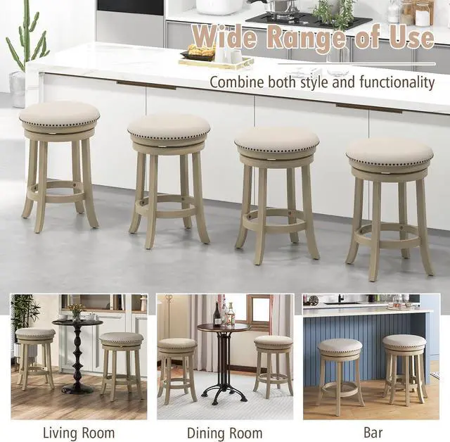 Alt view image 7 of 7 - COSTWAY 360° Swivel Bar Stools Set of 4, 26.5-inch Height Upholstered Round Barstools with Wooden Frame, Seat and Footrest, Backless Solid Wood Counter Stools for Kitchen Island Bistro Pub, Beige