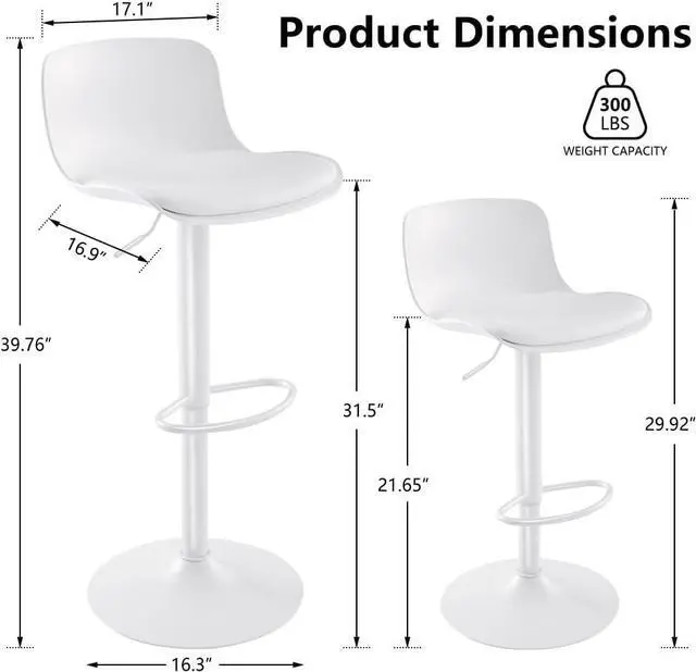 Alt view image 2 of 7 - Kidol & Shellder Bar Stools Set of 2 Adjustable Swivel Counter Height Stools, Modern PU Leather Upholstered with Back Solid Color Barstools for Kitchen Island White