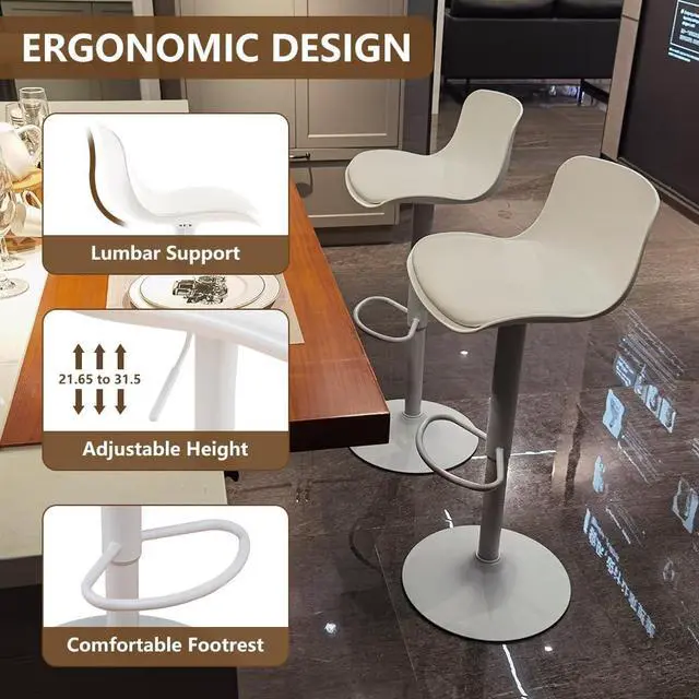 Alt view image 3 of 7 - Kidol & Shellder White Bar Stools Set of 2 Adjustable Counter Height Stools Modern PU Leather Swivel with Back Barstools Upholstered Kitchen Island Chairs taburetes para barra de cocina