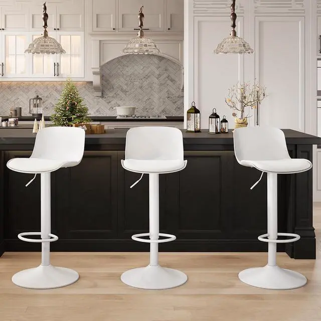 Alt view image 6 of 7 - Kidol & Shellder White Bar Stools Set of 2 Adjustable Counter Height Stools Modern PU Leather Swivel with Back Barstools Upholstered Kitchen Island Chairs taburetes para barra de cocina