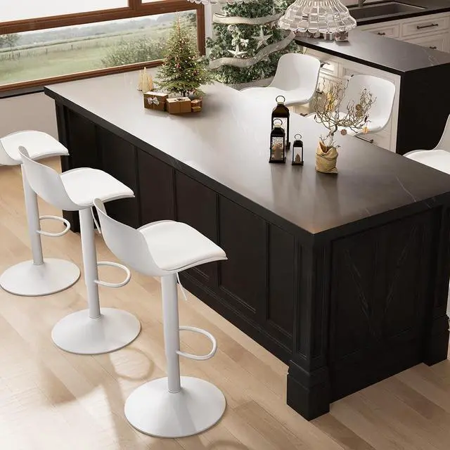 Alt view image 7 of 7 - Kidol & Shellder White Bar Stools Set of 2 Adjustable Counter Height Stools Modern PU Leather Swivel with Back Barstools Upholstered Kitchen Island Chairs taburetes para barra de cocina
