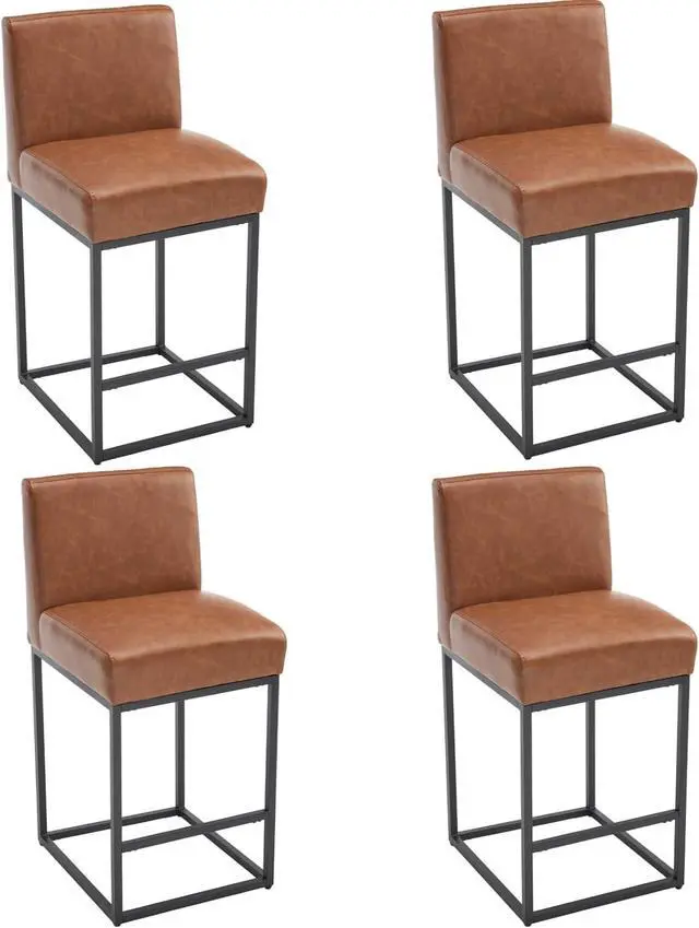Main image of VESCASA Faux Leather 27 inches Counter Height Bar Stools with Padded Back, Modern Upholstered Counter Stool Chairs with Black Metal Frame for Kitchen Island, Set of 4, Brown