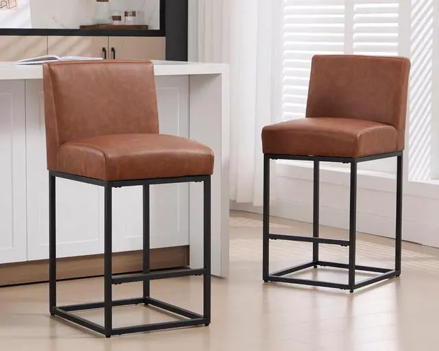 Alt view image 2 of 7 - VESCASA Faux Leather 27 inches Counter Height Bar Stools with Padded Back, Modern Upholstered Counter Stool Chairs with Black Metal Frame for Kitchen Island, Set of 4, Brown
