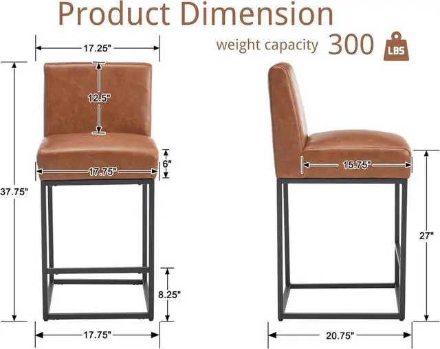 Alt view image 3 of 7 - VESCASA Faux Leather 27 inches Counter Height Bar Stools with Padded Back, Modern Upholstered Counter Stool Chairs with Black Metal Frame for Kitchen Island, Set of 4, Brown