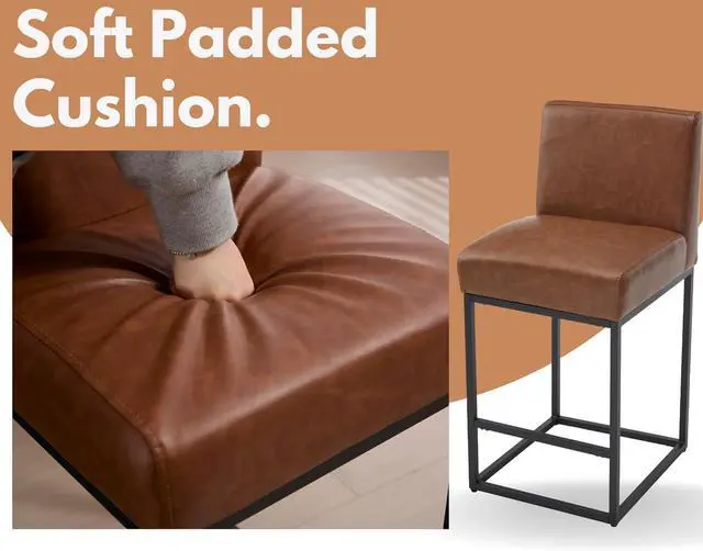 Alt view image 5 of 7 - VESCASA Faux Leather 27 inches Counter Height Bar Stools with Padded Back, Modern Upholstered Counter Stool Chairs with Black Metal Frame for Kitchen Island, Set of 4, Brown