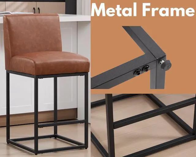 Alt view image 6 of 7 - VESCASA Faux Leather 27 inches Counter Height Bar Stools with Padded Back, Modern Upholstered Counter Stool Chairs with Black Metal Frame for Kitchen Island, Set of 4, Brown