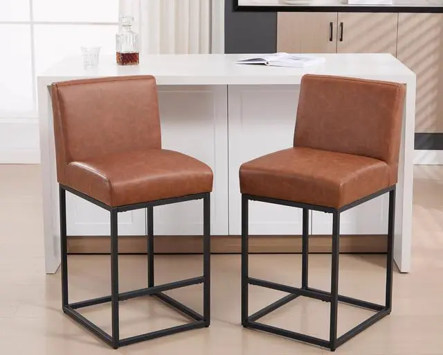 Alt view image 7 of 7 - VESCASA Faux Leather 27 inches Counter Height Bar Stools with Padded Back, Modern Upholstered Counter Stool Chairs with Black Metal Frame for Kitchen Island, Set of 4, Brown