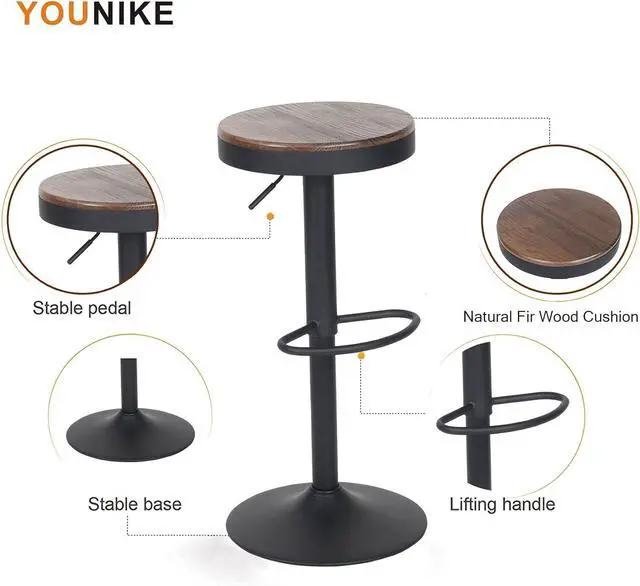 Alt view image 4 of 7 - YOUNIKE Bar stools Wooden Barstools Vintage Rustic Counter Height bar Stool,Height Adjustable bar Chairs Swivel with Footrest,Cafe Kitchen Garden(Set of 2,Walnut)