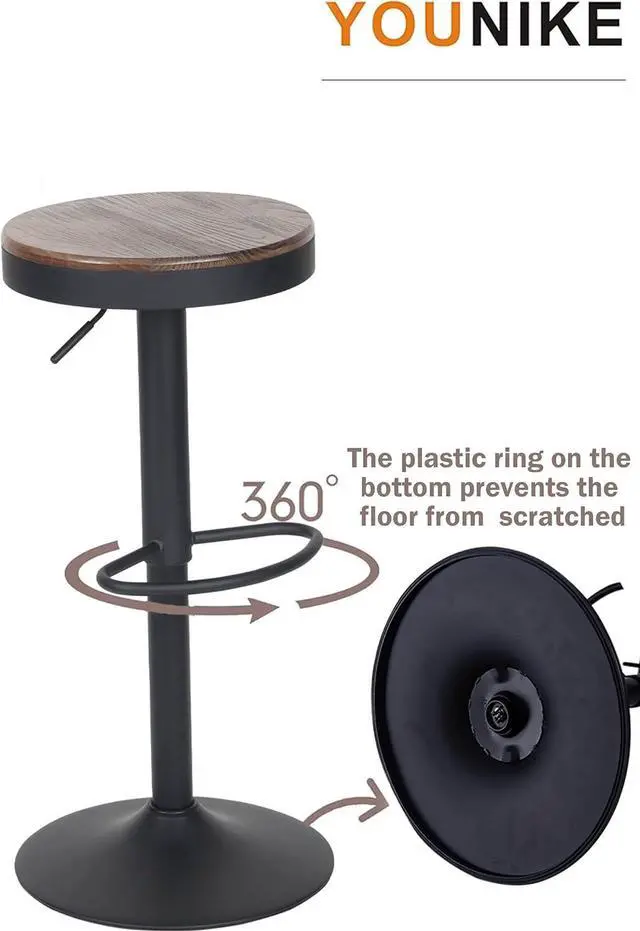 Alt view image 5 of 7 - YOUNIKE Bar stools Wooden Barstools Vintage Rustic Counter Height bar Stool,Height Adjustable bar Chairs Swivel with Footrest,Cafe Kitchen Garden(Set of 2,Walnut)