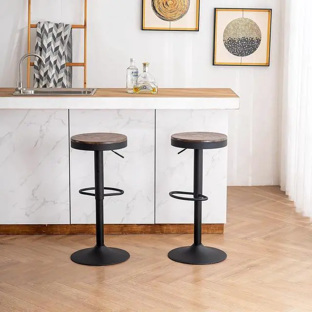 Alt view image 6 of 7 - YOUNIKE Bar stools Wooden Barstools Vintage Rustic Counter Height bar Stool,Height Adjustable bar Chairs Swivel with Footrest,Cafe Kitchen Garden(Set of 2,Walnut)