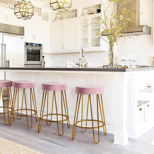 Alt view image 2 of 7 - Yaheetech Bar Stools Set of 2, Velvet Round Counter Stools, Backless Counter Height Bar Chairs with Golden Legs for Kitchen Dining Room Pub Cafe, Pink