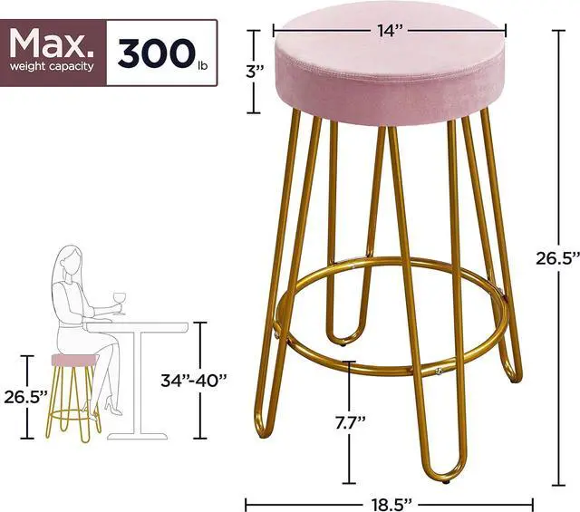 Alt view image 3 of 7 - Yaheetech Bar Stools Set of 2, Velvet Round Counter Stools, Backless Counter Height Bar Chairs with Golden Legs for Kitchen Dining Room Pub Cafe, Pink