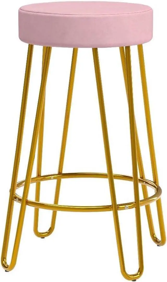 Alt view image 4 of 7 - Yaheetech Bar Stools Set of 2, Velvet Round Counter Stools, Backless Counter Height Bar Chairs with Golden Legs for Kitchen Dining Room Pub Cafe, Pink