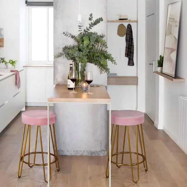 Alt view image 5 of 7 - Yaheetech Bar Stools Set of 2, Velvet Round Counter Stools, Backless Counter Height Bar Chairs with Golden Legs for Kitchen Dining Room Pub Cafe, Pink