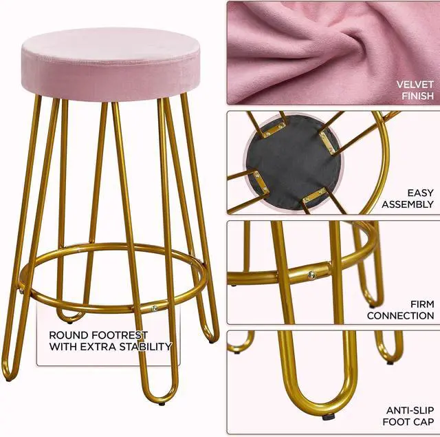 Alt view image 6 of 7 - Yaheetech Bar Stools Set of 2, Velvet Round Counter Stools, Backless Counter Height Bar Chairs with Golden Legs for Kitchen Dining Room Pub Cafe, Pink
