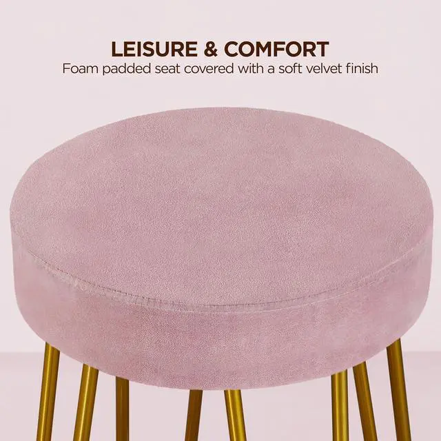 Alt view image 7 of 7 - Yaheetech Bar Stools Set of 2, Velvet Round Counter Stools, Backless Counter Height Bar Chairs with Golden Legs for Kitchen Dining Room Pub Cafe, Pink