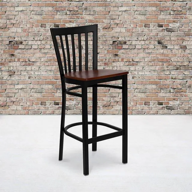 Alt view image 2 of 7 - Flash Furniture 2 Pk. HERCULES Series Black School House Back Metal Restaurant Barstool - Cherry Wood Seat