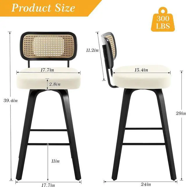 Alt view image 2 of 7 - Swivel Bar Height Stools Set of 4, Upholstered Faux Leather Barstools with Rattan Back, 29" Seat Height Tall Bar Stools for Kitchen Counter, Black Wood Frame, Cream White