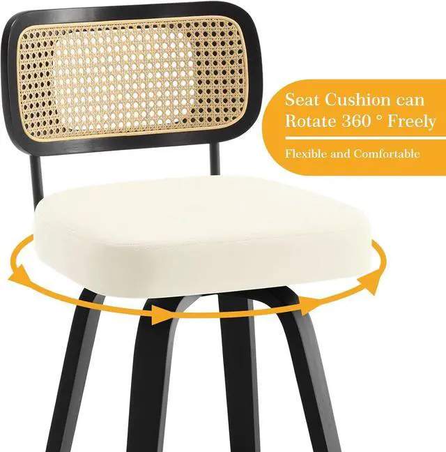 Alt view image 3 of 7 - Swivel Bar Height Stools Set of 4, Upholstered Faux Leather Barstools with Rattan Back, 29" Seat Height Tall Bar Stools for Kitchen Counter, Black Wood Frame, Cream White