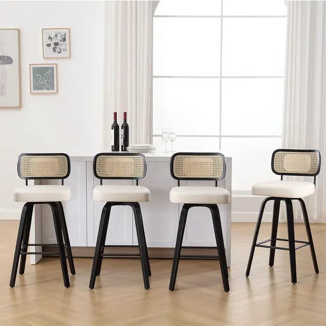 Alt view image 5 of 7 - Swivel Bar Height Stools Set of 4, Upholstered Faux Leather Barstools with Rattan Back, 29" Seat Height Tall Bar Stools for Kitchen Counter, Black Wood Frame, Cream White