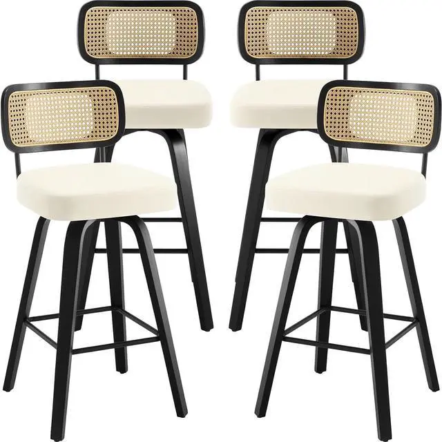 Alt view image 6 of 7 - Swivel Bar Height Stools Set of 4, Upholstered Faux Leather Barstools with Rattan Back, 29" Seat Height Tall Bar Stools for Kitchen Counter, Black Wood Frame, Cream White