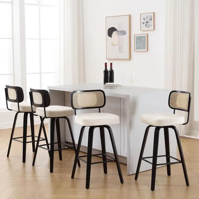 Alt view image 7 of 7 - Swivel Bar Height Stools Set of 4, Upholstered Faux Leather Barstools with Rattan Back, 29" Seat Height Tall Bar Stools for Kitchen Counter, Black Wood Frame, Cream White