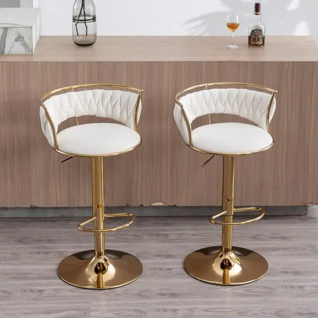 Alt view image 2 of 7 - LukeAlon Modern Velvet Adjustable Barstools Set of 3, 360° Swivel Counter Stools with Golden Base Upholstered Open Back Tall Bar Chairs with Footrest for Home Pub Kitchen, White