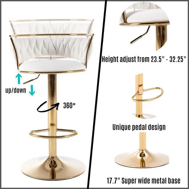 Alt view image 5 of 7 - LukeAlon Modern Velvet Adjustable Barstools Set of 3, 360° Swivel Counter Stools with Golden Base Upholstered Open Back Tall Bar Chairs with Footrest for Home Pub Kitchen, White